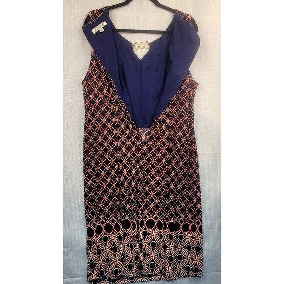 Chetta B Sleeveless Navy Orange Geometric Sheath Dress Gold Ring Detail Size 18 - Picture 6 of 9